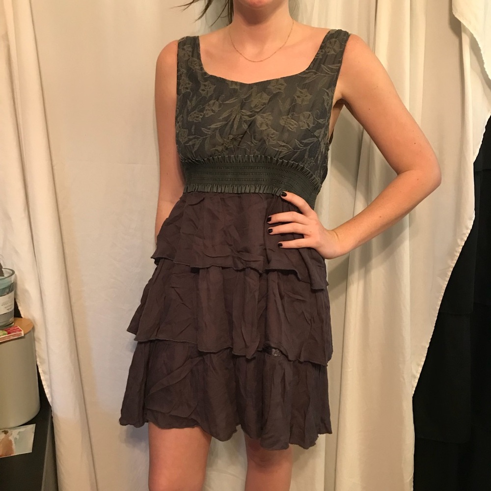 Grey cocktail dress with ruffled tier skirt